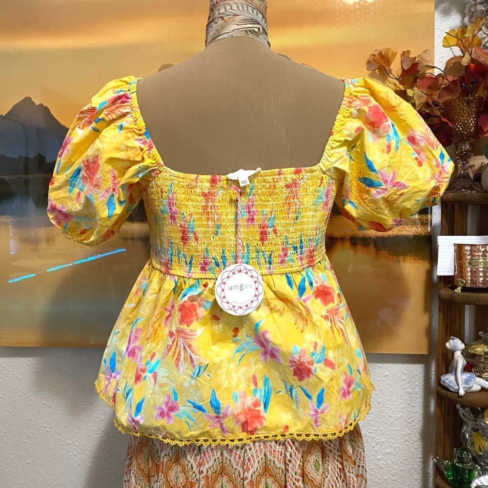 New Umgee Floral Babydoll Top Puff Sleeve Women L Yellow Tropical (Bin 1) - Picture 2 of 9